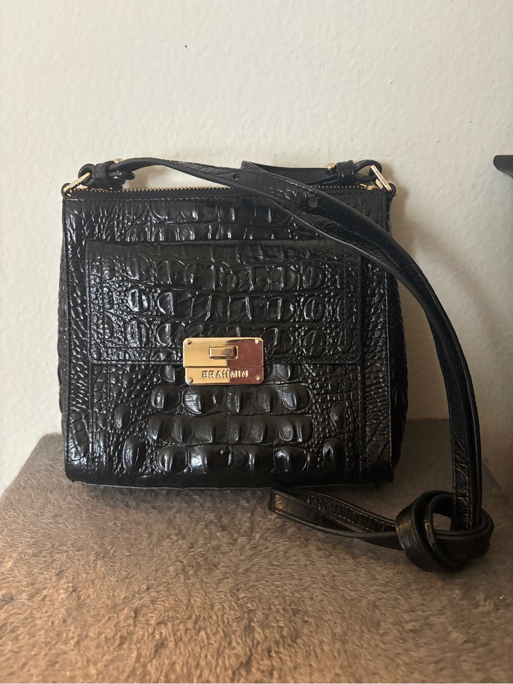 Brahmin Black Croc-Embossed Leather Crossbody with Gold Hardware